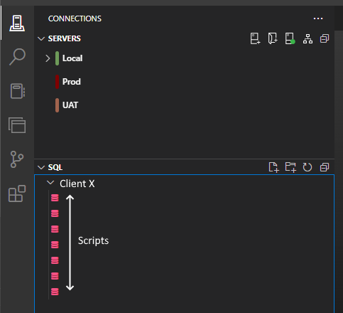 Azure Data studio with server groups and SQL folder open